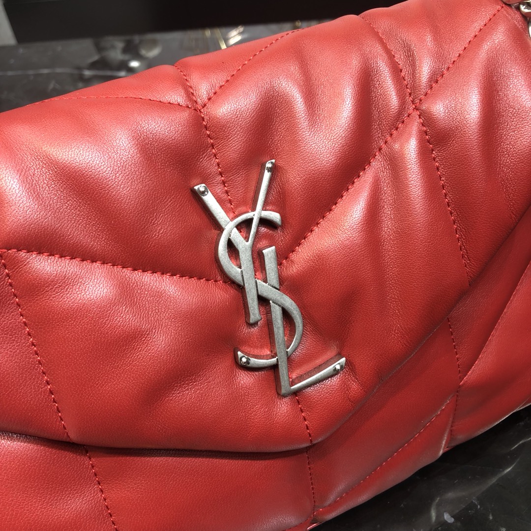 Saint Laurent Loulou Puffer Small Lambskin Shoulder Bag Handbag Red 577476 Silver